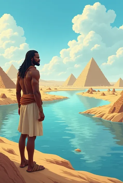 Vignette 1:  The Observation

Command :
" A Egyptian man wearing a tunic and sandals watching a overflowing river in the Nile Valley .  In the background,  there are flooded fields and some pyramids under construction .  The sky is blue with clouds ,  and ...