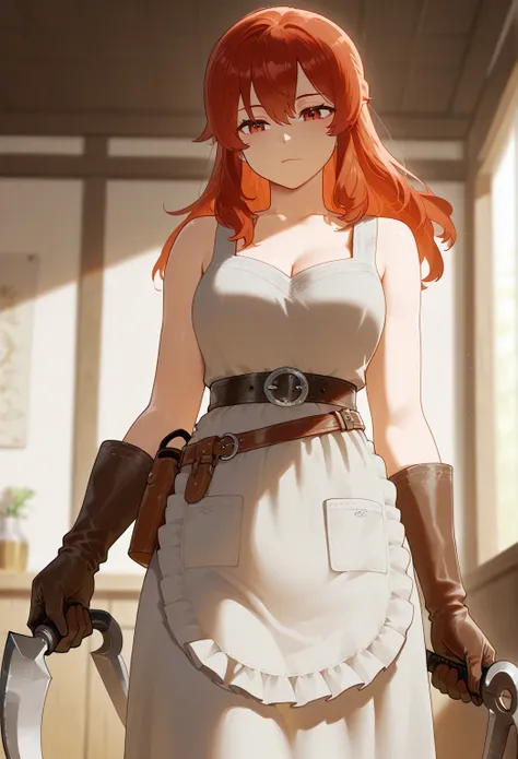 Simple linen dresses with leather belts, always with a worn apron and farming gloves. She carries a curved sickle, both for farming and protection. massive tits