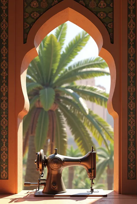 A sewing machine with a beautiful palm tree behind it surrounded by a Moroccan ornament