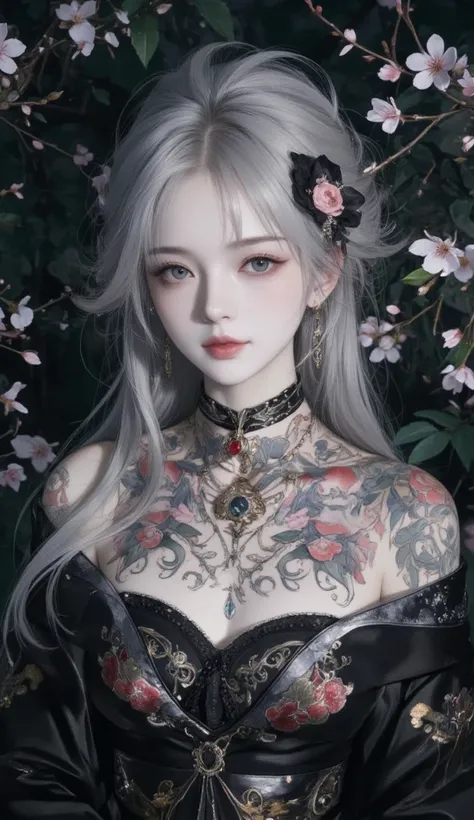 Beautiful Japanese Gothic woman, with very long white hair, wearing a formal dress with floral motifs, She has Yakuza tattoos all over her body. Dark cherry blossom background