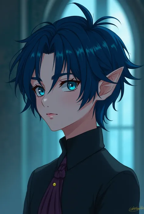 He is a man (OMEGA)  dark blue hair,  his hair is short to the back of his neck , The lips are pale pink . His eyes are dark blue with emerald green., its pupil is like the wing of a star.  he has a somewhat innocent but also rough face ,  his ears are lik...