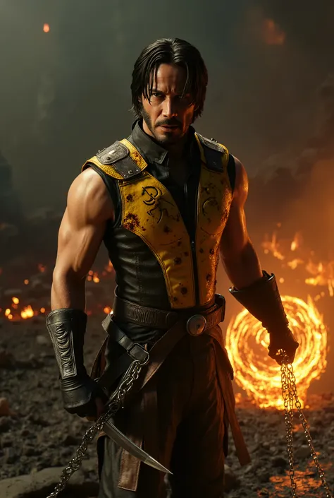 "An ultra-realistic, highly detailed 8K depiction of John Wick as Scorpion from Mortal Kombat, without his mask. His long, dark hair is slicked back, slightly damp from the heat of battle, and his piercing, vengeful eyes burn with an intense golden glow. H...