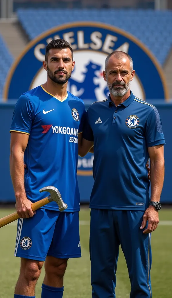 Chelsea FC player Enzo Fernandez holds hammer 
Standing side by side with Enzo Maresca, coach of Chelsea FC