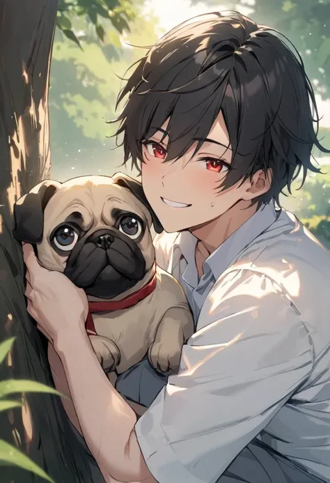     masterpiece,    excellent quality     ,   man, s ,  WHITE LEATHER FUND  ,   black hair  ,    short hair , red eyes  ,    dressed in school uniform,   under a tree   ,  cheerful look   ,      Beautiful face,   attractive,  male face ,   holding a pug do...