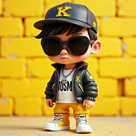 A chibi-style 3D render of a small  wearing streetwear clothing.The  is wearing large dark sunglasses,a black baseball cap with a yellow logo, a black leather jacket with yellow details,a white t-shirt with "JOSMZ" printed on it,yellow pants,and white and ...