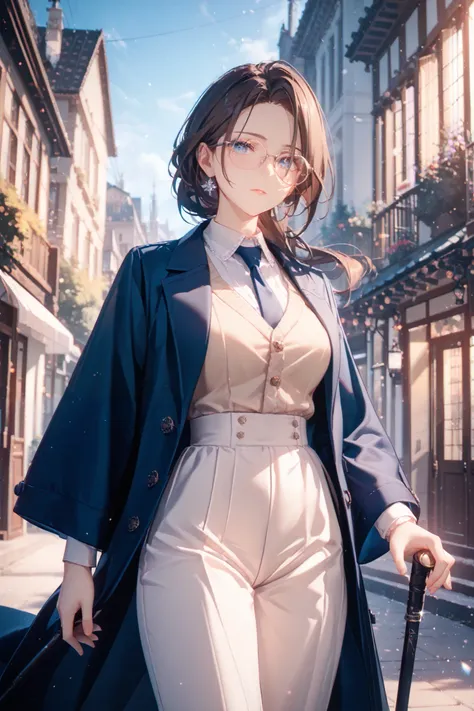 score_9, score_8_up, score_7_up, semi-portrait, solo, 1girl, ((Eyes with high detail, no defects, pupils of equal size)), dark-blue eyes, cold look, mature, middle-age, imposing, dark-brown hair, shoulder-length hair, private detective, rounded glasses, wa...