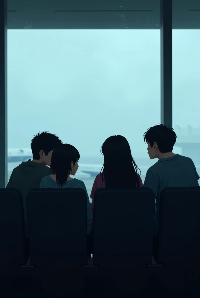 On a cold, foggy morning in the Philippines, eight close friends sat in the airport departure lounge. five adult girls in early 20s and three boys in early 20s. all black hair.