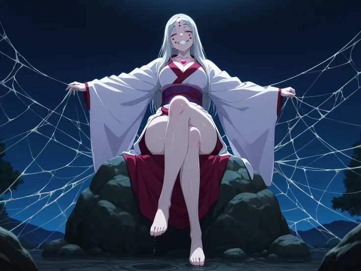 Full body, masterpiece, beautiful body, masterpiece, best quality, amazing quality, anime coloring, anime screencap, 1girl, pale skin, solo, <lora:spidermother, demon spider mother, silver hair, long hair, facial mark, long sleeves, white kimono, lifting k...