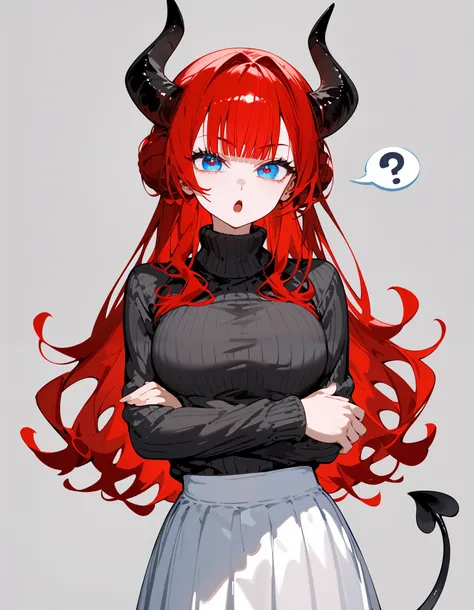 girl, red hair, long hair, in blue eyes, black-horned,, Sweater with long sleeves, white skirt , medium chest ,Pretty eye tail ,confused,Sharp face, Slim ,fit,Hair bun,Beautiful round eyes, cute,Focus on the face,Place in the room,Open your mouth, Details ...
