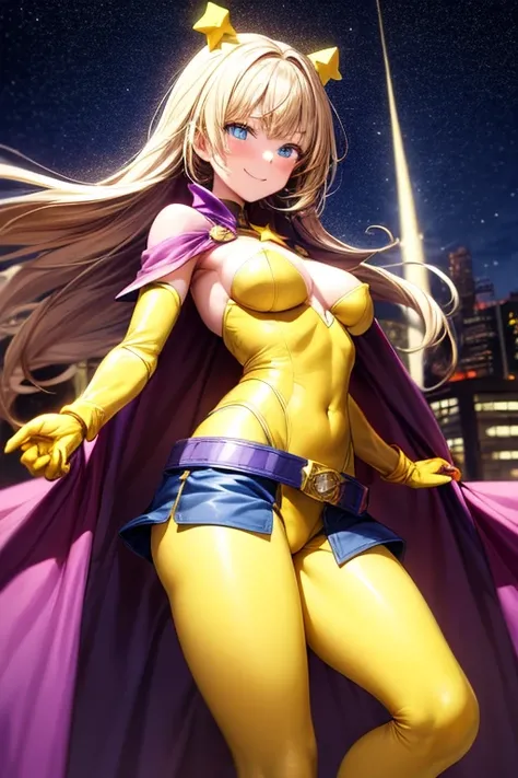 ((best quality)), ((masterpiece)), (detailed), 1 girl, 1, Smiling, Blue eyes, Blushing, Blonde hair, Straight hair, Long hair, Bangs, Hair ornaments, Star hair ornaments, Medium breasts, Slim body, Hands with yellow stars, Yellow wristbands, Long purple gl...