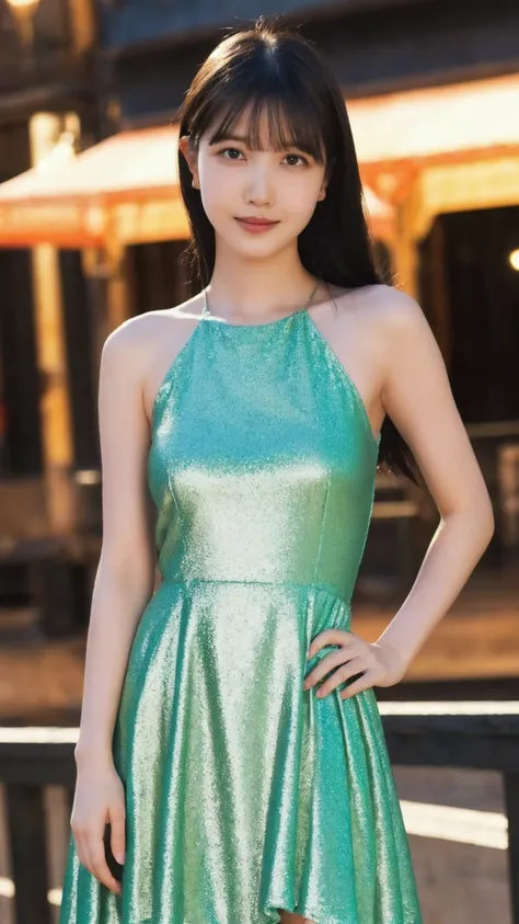 1girl,(wearing a green glittery evening mini dress:1.4),(RAW photo, best quality), (realistic, photo-realistic:1.4), masterpiece, an extremely delicate and beautiful, extremely detailed, 2k wallpaper, Amazing, finely detail, extremely detailed CG unity 8k ...