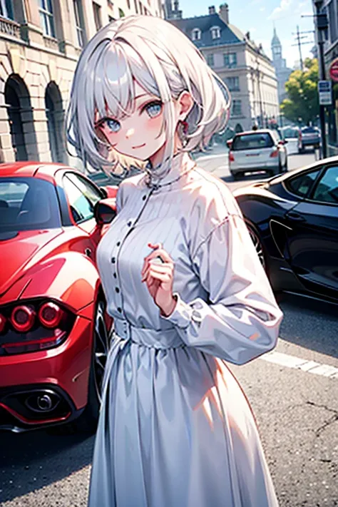 White-haired girl next to a Ferrari 