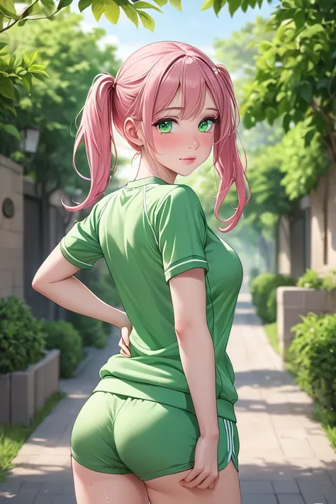 (masterpiece,  best quality, 8k,  high definition), whole body, 1 woman, pink pigtails, mid-chest, soft green eyes, soft lips, pale skin, beautiful face, wearing a tight gym uniform, natural light, detailed background, Detailed Illustration Art, shy, shy e...