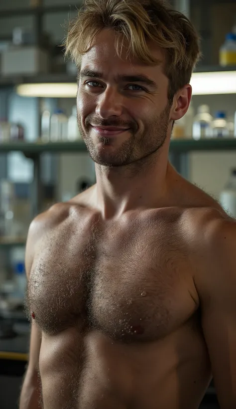 masterpiece, best quality, high resolution, closeup portrait, male focus, solo focus, a man, chemist, scientist, pretty shirtless, in unbuttoned laboratory clothes, wearing lab attire, looking italian, blonde, lab coat, sweaty hairy guy in laboratory, mess...