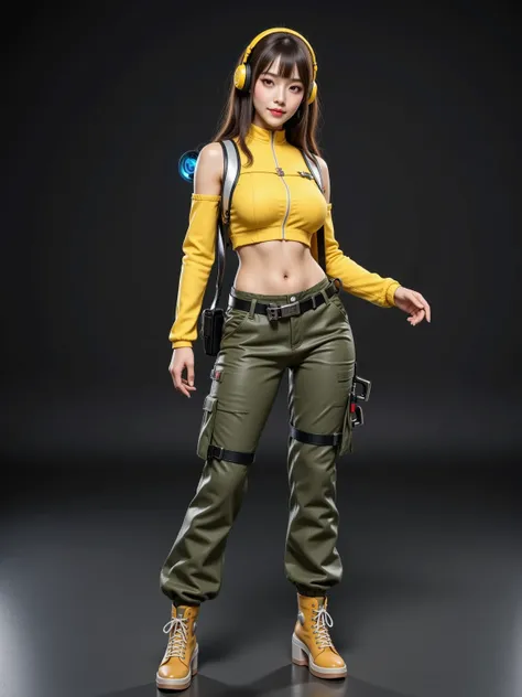 a woman dressed in an olive green outfit posing for a photo, photograph of a woman wearing technological clothing , cargo pants. CYBERPUNK CITY, Yellow spacesuit, yellow mono, Female main character, Cyberpunk 20 years. o girl model , Renderizado 3D, charac...