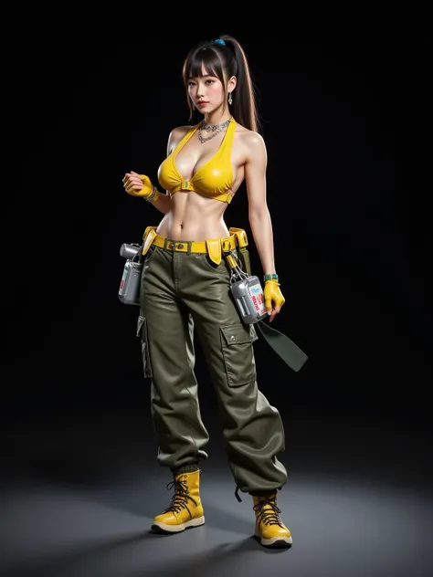 a woman dressed in an olive green outfit posing for a photo, photograph of a woman wearing technological clothing , cargo pants. CYBERPUNK CITY, Yellow spacesuit, yellow mono, Female main character, Cyberpunk 20 years. o girl model , Renderizado 3D, charac...