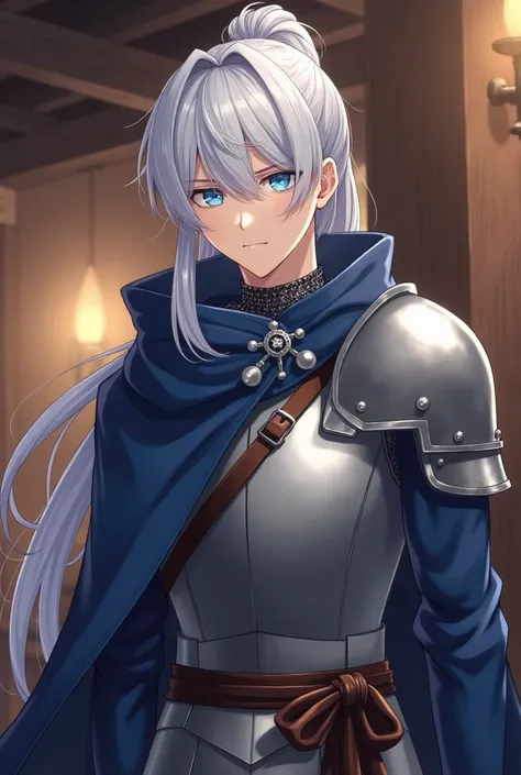 Solo,  High Definition,  Masterpiece,  Anatomically Correct,  best quality ,  long ponytail, Silver hair,  Blue Eyes, shut your mouth,  serious face, Stare,,  Simple Background,  private view, Wearing western knight shoulder armor, but outside wearing a bl...