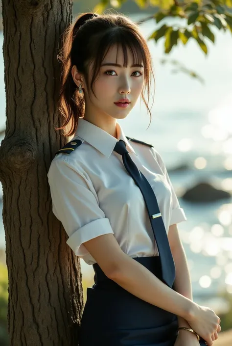 Sexy beautiful Japanese woman, a self defense officer uniform, wearing a white short-sleeved shirts, navy blue tie, navy blue pencil skirt, Black patent high heels, beautiful hip-line, Beautiful thighs, woman poses leaning back on big tree, sunshine with r...