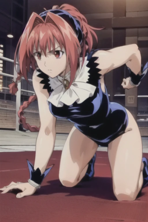  masterpiece,  top quality, high res,Dorothy,  redhead, red eyes,  real hair ornaments, dress, braiding , black  dress,Martial arts tournament， is on all fours， Sagittarius