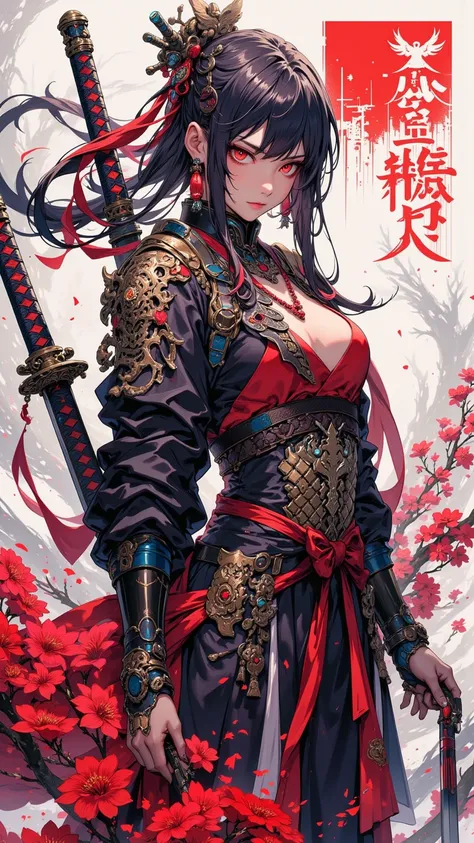 一位穿著Cherry blossoms盔甲的強大女戰士， error complex， Highly Detailed ，red eyes，各種color，majestic， Detailed Waist ，grace， A powerful female warrior with a double sword or double-edged weapon ， Earrings， Mystery， Print Style ，grace地握劍， black nails ， error complex的設計， ...