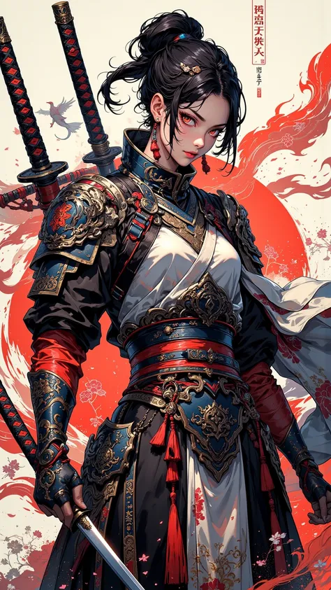 一位穿著Cherry blossoms盔甲的強大女戰士， error complex， Highly Detailed ，red eyes，各種color，majestic， Detailed Waist ，grace， A powerful female warrior with a double sword or double-edged weapon ， Earrings， Mystery， Print Style ，grace地握劍， black nails ， error complex的設計， ...