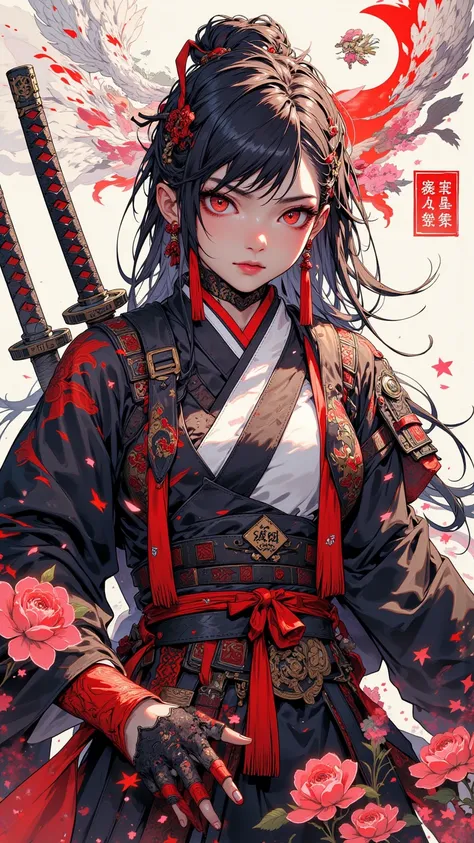 一位穿著Cherry blossoms盔甲的強大女戰士， error complex， Highly Detailed ，red eyes，各種color，majestic， Detailed Waist ，grace， A powerful female warrior with a double sword or double-edged weapon ， Earrings， Mystery， Print Style ，grace地握劍， black nails ， error complex的設計， ...