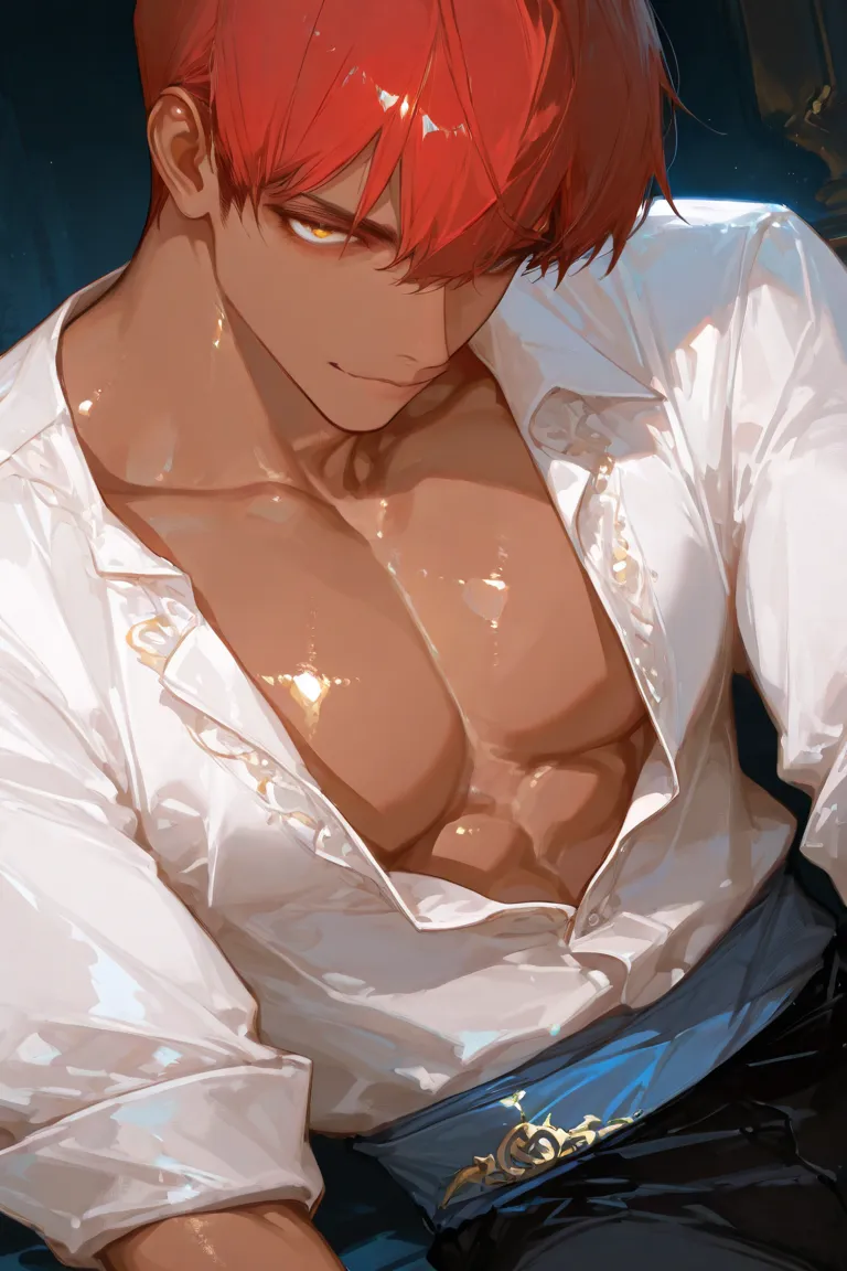 masterpiece, best quality, very aesthetic, absurdres, safe, masterpiece, newest, absurdres, safe Solo, high detailed, male, handsome masculine male, Sexy male. Masculine male. Handsome Male, sexy male, Seductive, Exposed chest, short hair, Crimson Red hair...