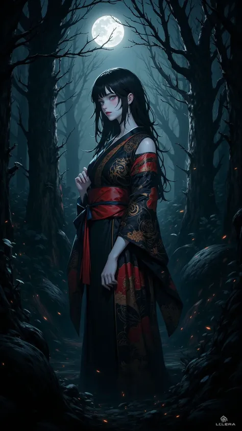  Mysterious Charming Witch ， pale face ， Wearing a Flawless Skull and Exquisite Kimono， Surrounded a Dark Japanese Forest ，Desolate Desire ，moonlight。