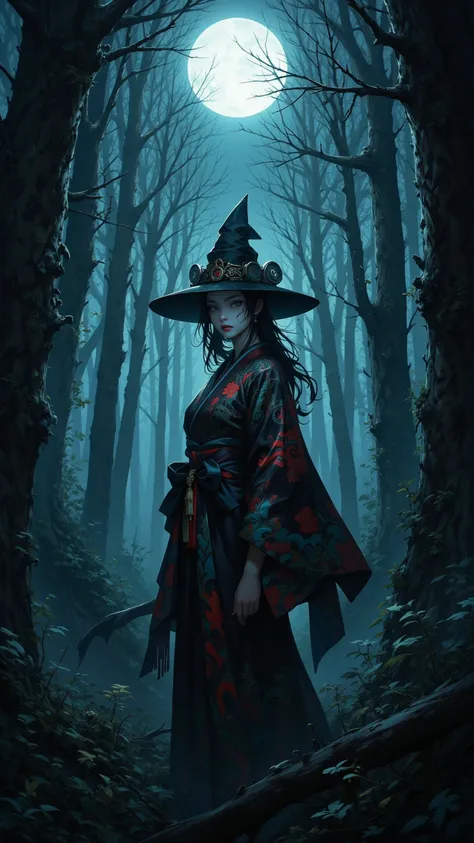  Mysterious Charming Witch ， pale face ， Wearing a Flawless Skull and Exquisite Kimono， Surrounded a Dark Japanese Forest ，Desolate Desire ，moonlight。