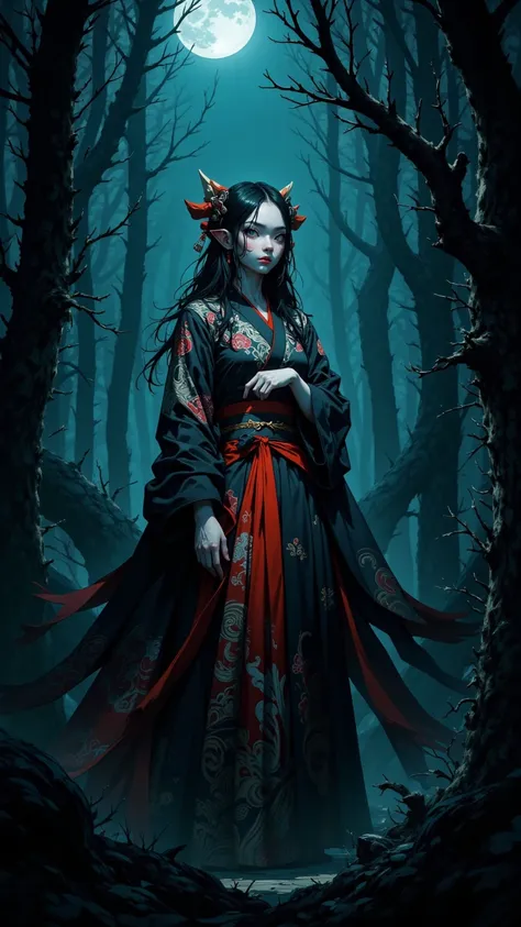  Mysterious Charming Witch ， pale face ， Wearing a Flawless Skull and Exquisite Kimono， Surrounded a Dark Japanese Forest ，Desolate Desire ，moonlight。