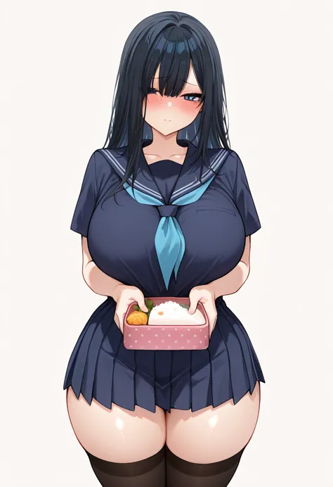 Solo, girl, tímida gloomy girl, school uniform, long black hair, bangs upon her left eyes, Big saggy breast, think waist, wide hips, evacusve gaze, blush, perfect breast, perfect thighs, black mid-thigh stockings,, dynamic pose , simple background,,perfect...