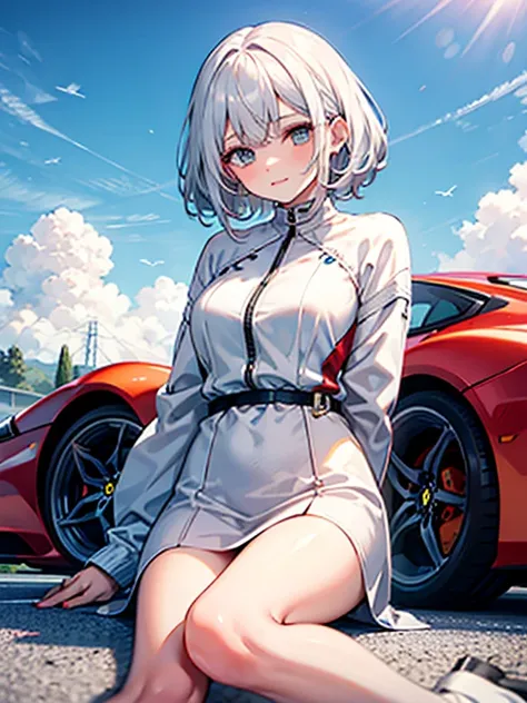 White-haired girl next to a Ferrari 