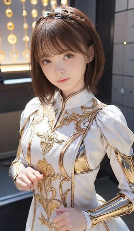 top-quality、​masterpiece、超A high resolution、(Photorealsitic:1.4)、Raw photo、女の子1人、Golden hair、glowy skin、(((1 Mechanical Girl)))、With a beautiful knife、（Silver Metal Bodysuit）、(Medieval European city background)、(Small LED)、((super realistic details))、portl...