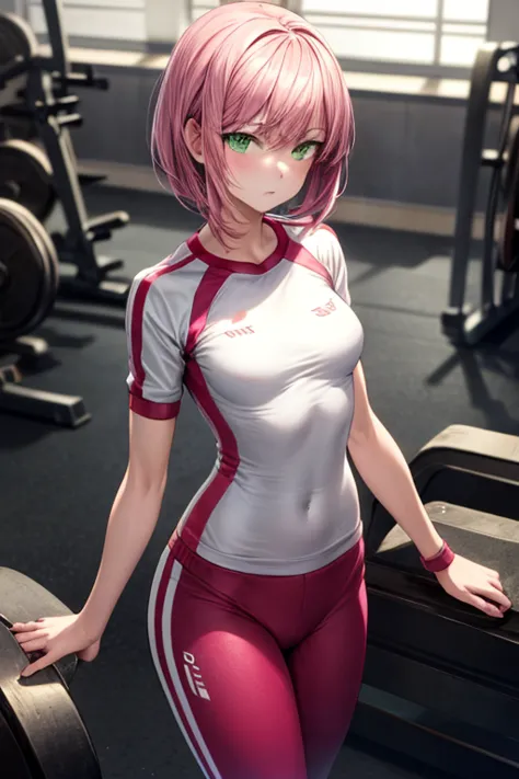 ((best quality)), ((masterpiece)), (detailed), 1 girl, 20s, young adult, emerald eyes, short pink hair, bangs, expressionless face, tall, slim, small breasts, gym suit, gym background, anime