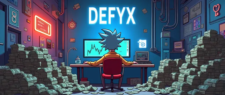 A cartoon-style image of Rick Sanchez, looking quirky and eccentric, sitting in a room filled with money scattered across the floor and stacks of bills. In front of him is a large computer screen displaying a cryptocurrency trading chart with an upward tre...