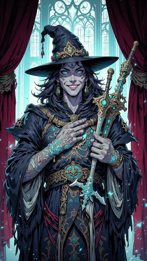 A mysterious wizard， Eyes Glittering，With a bright smile，Wearing elegant jewelry，Fringed robes，Exquisite pattern，Sharp angles，Two-handed staff，Playful，curtain，Sword-shaped pen sketch，Mermaid magic