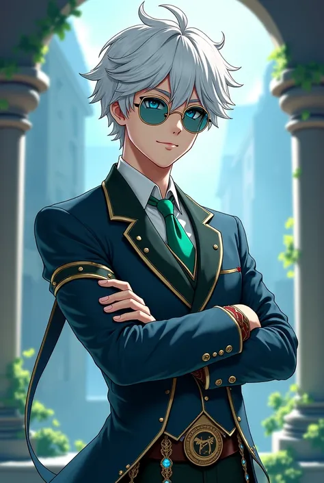 Standing male character similar to Genshin Impact ,  And heterochromia blue and green 25 years old white hair blue and green eyes, round sunglasses clothing school of magic