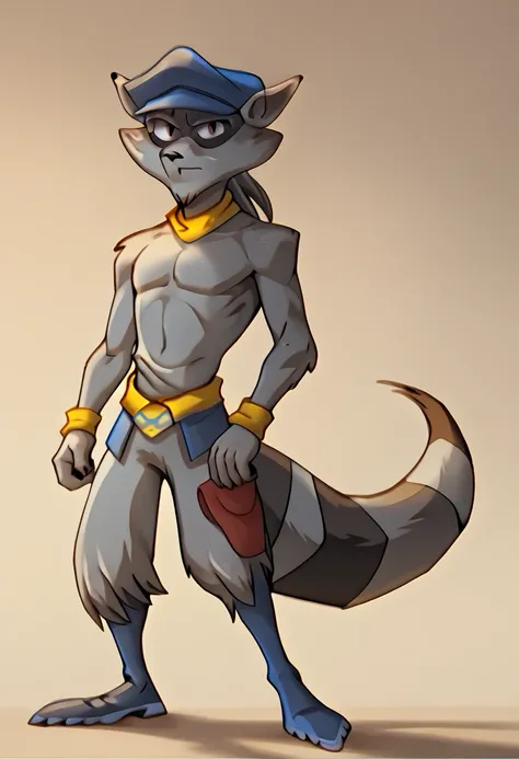 score_9, score_8_up, score_7_up, Sly Cooper, raccoon boy, brown eyes, 1boy, solo, naked, nude, furry, standing, facing viewer, full body