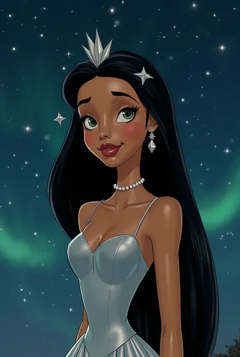  old Disney style princess,  long, smooth jet-black hair .  Her eyes are olive green and she wears a shiny silver dress. In her hair she has like some kind of star hooks and she has a white pearl necklace. He has brown, tanned skin.. He has a pet, a robot ...