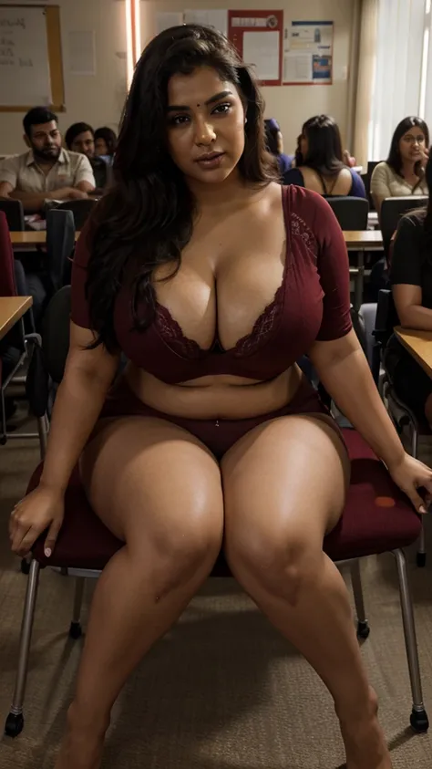 Class room scene, 26 year old very beautiful North Indian plus sized woman in maroon color saree and bra, sitting in a class room, giving blowjob to a man, s dick in her mouth, cleavage and thighs exposed,  giving a blowjob to a man, sitting on a chair, wi...