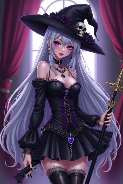 Chica anime bruja vampira con sombrero pirate. Sexy black short dress. Black and purple lace-up high-heeled boots. very long white and purple hair. big purple eyes, pink lips, black and long fingernails. Black roses, skull, Curtain. Long amulet with large ...