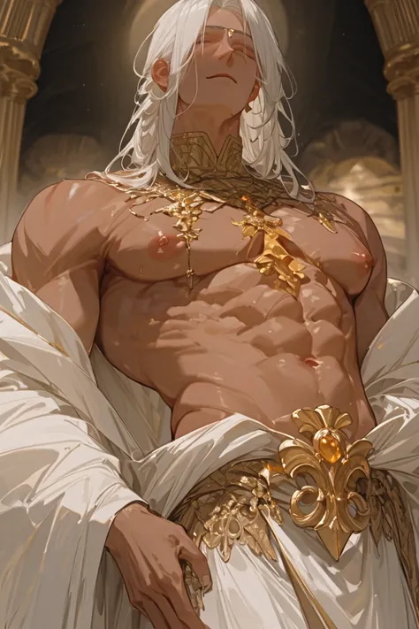 masterpiece, newest, absurdres, safe Solo, high detailed, male, handsome masculine male, Sexy male. Masculine male. Handsome Male, sexy male, Seductive, medium hair, dark skin, caramel tan skin, white hair, long hair, god, divine, godly robes, exposed ches...