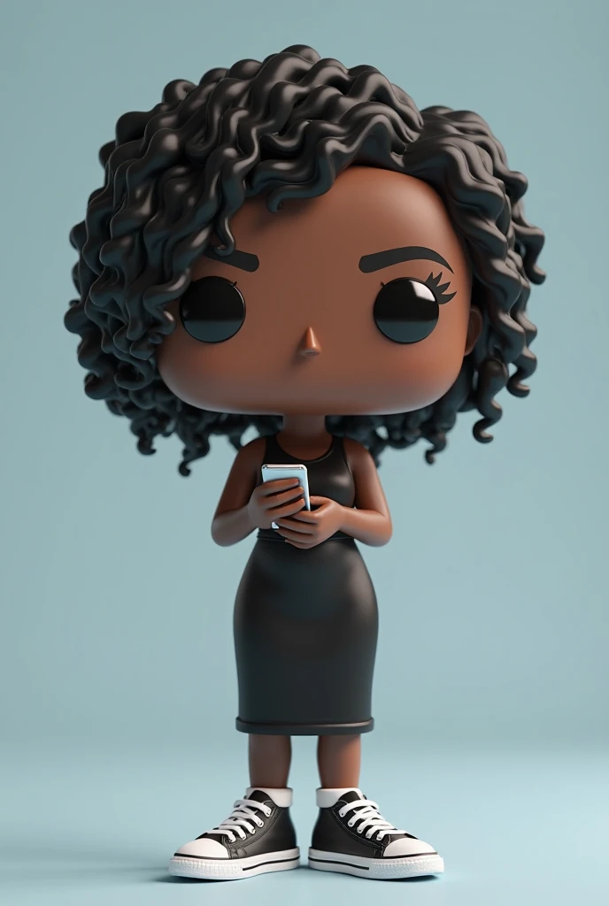  Create a Black Woman's Funko Pop, slim physique with curves , short black curly hair, wearing a basic long black dress, Sneaker With a
 Cell phone Funk must be presented inside and outside a coix Naustei "unlimited edition ".  The box must allow the viewi...