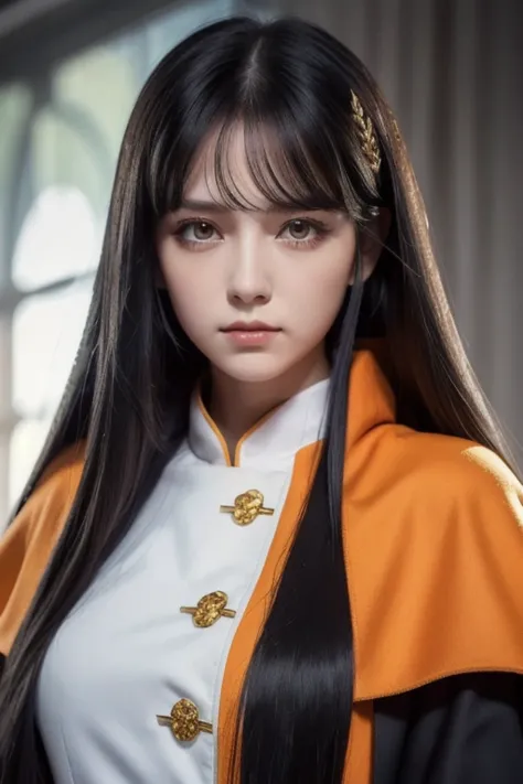 white **-****-*** girl with long black hair is wearing a military uniform, Orange Cape , Big hazel eyes, Science Fiction , Dark mood, 