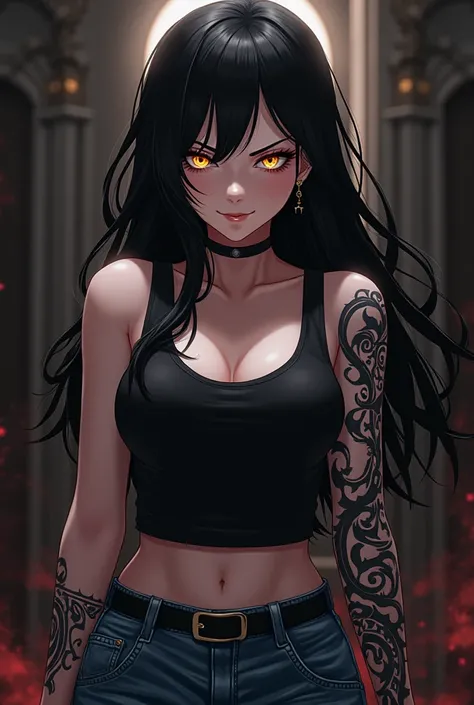 ( work of art,  maximum quality,  best quality,  official art ,  beautiful and aesthetic:1.2)  Anime Woman, Bullying student , evil and evil personality,  arm tattoos,  fair skin,  black hair,  golden eyes,  black tank top, Jeans azul,  perverse smile .