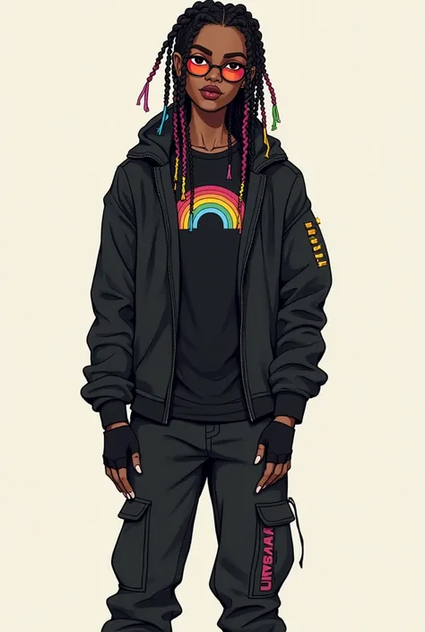 a young black man, slender, of above average height and with a good physique , dark eyes and long hair braided with various colors.  Her main outfit consists of a black jacket ,  with a long sleeve shirt underneath , with a rainbow design in the center .  ...