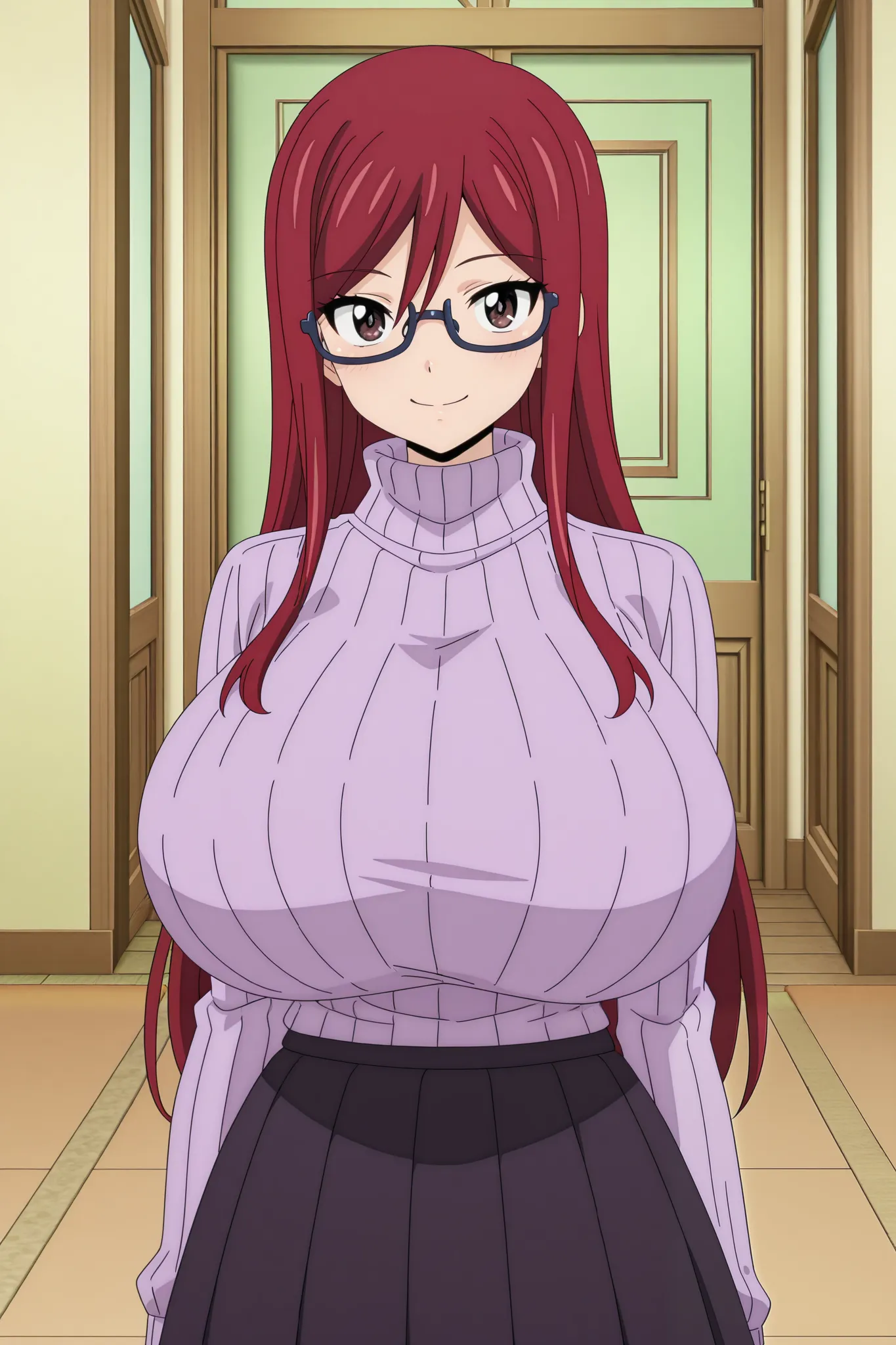 masterpiece, best quality, detailed background, detailed face, anime screencap, 1girl, solo, red hair, long hair, brown eyes, gigantic breasts, purple ribbed sweater, glasses, pleated black skirt, long skirt, turtleneck, brown eyes, turtleneck sweater, cut...