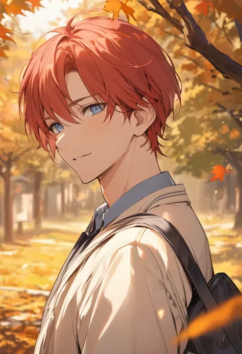  masterpiece,  High Quality, man ,   ,  WHITE LEATHER FUND,  blue eyes , clear ,  red hair , short hairstyle ,  Attractive face,Male face  , dressed in school uniform, Under autumnal trees , Alone,  happy look 