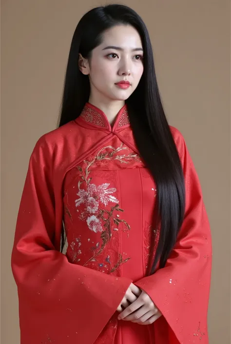 Chinese Cheongsam，Tang Sancai style，girl，Northern Europe，White skin，Extra long hair，Black Hair，Straight Hair