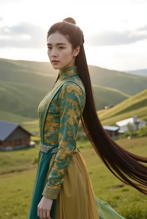 A girl wearing a Chinese cheongsam in the Tang Sancai style, standing in a serene Northern European landscape. The cheongsam is intricately designed with traditional tri-colored glaze patterns, showcasing rich hues of green, yellow, and brown. Her flawless...